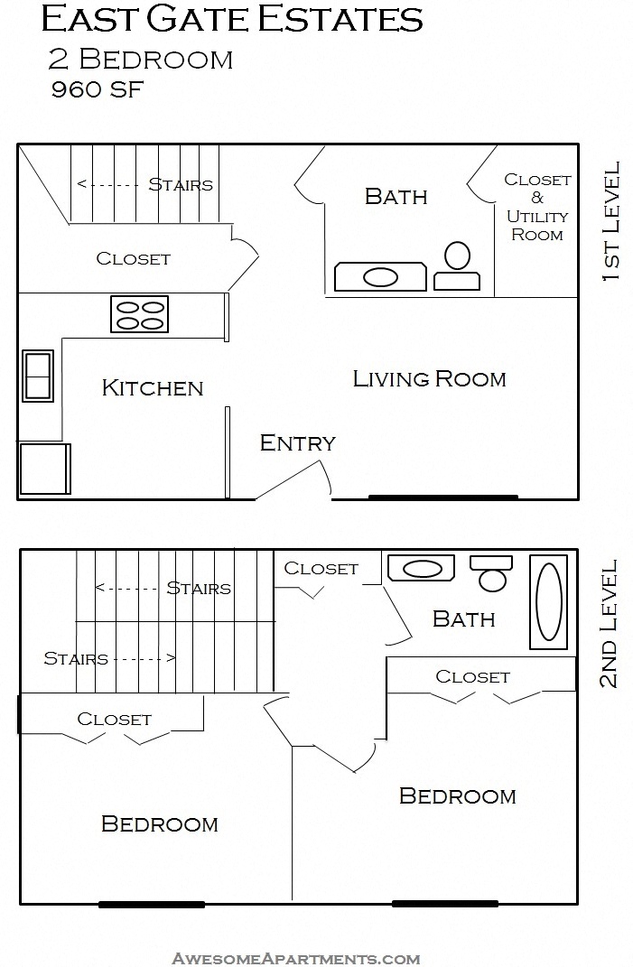 Floor plan for 2 beds, 1.5 baths, 960 sqft